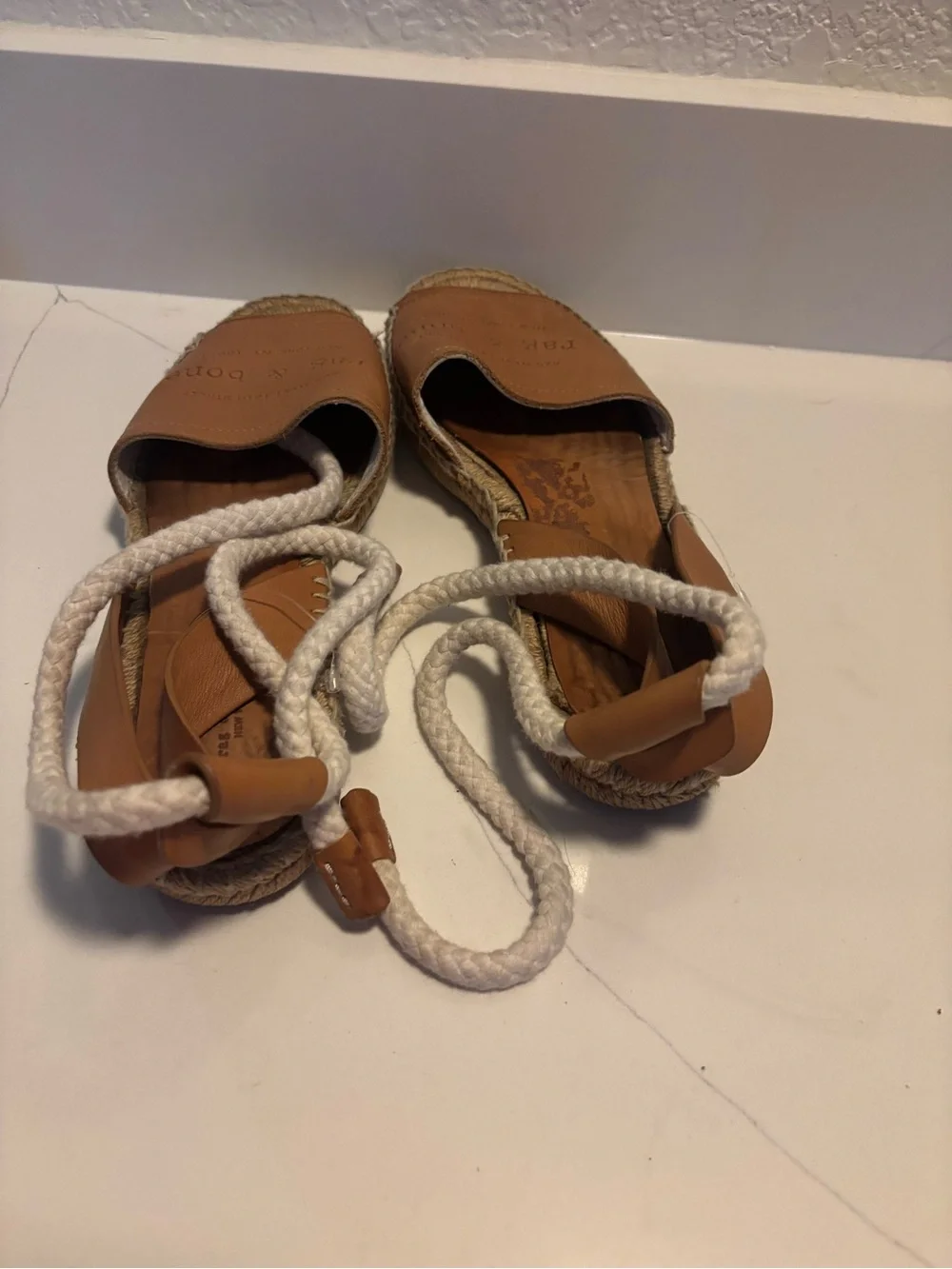 Rag Bone Estelle Tan Leather Espadrille Sandals With White Rope Ankle Tie